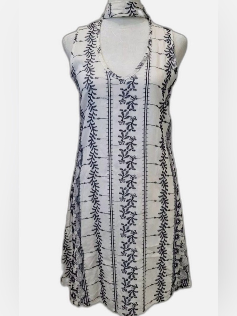 Vintage Havana White and Black Embroidered Halter Dress